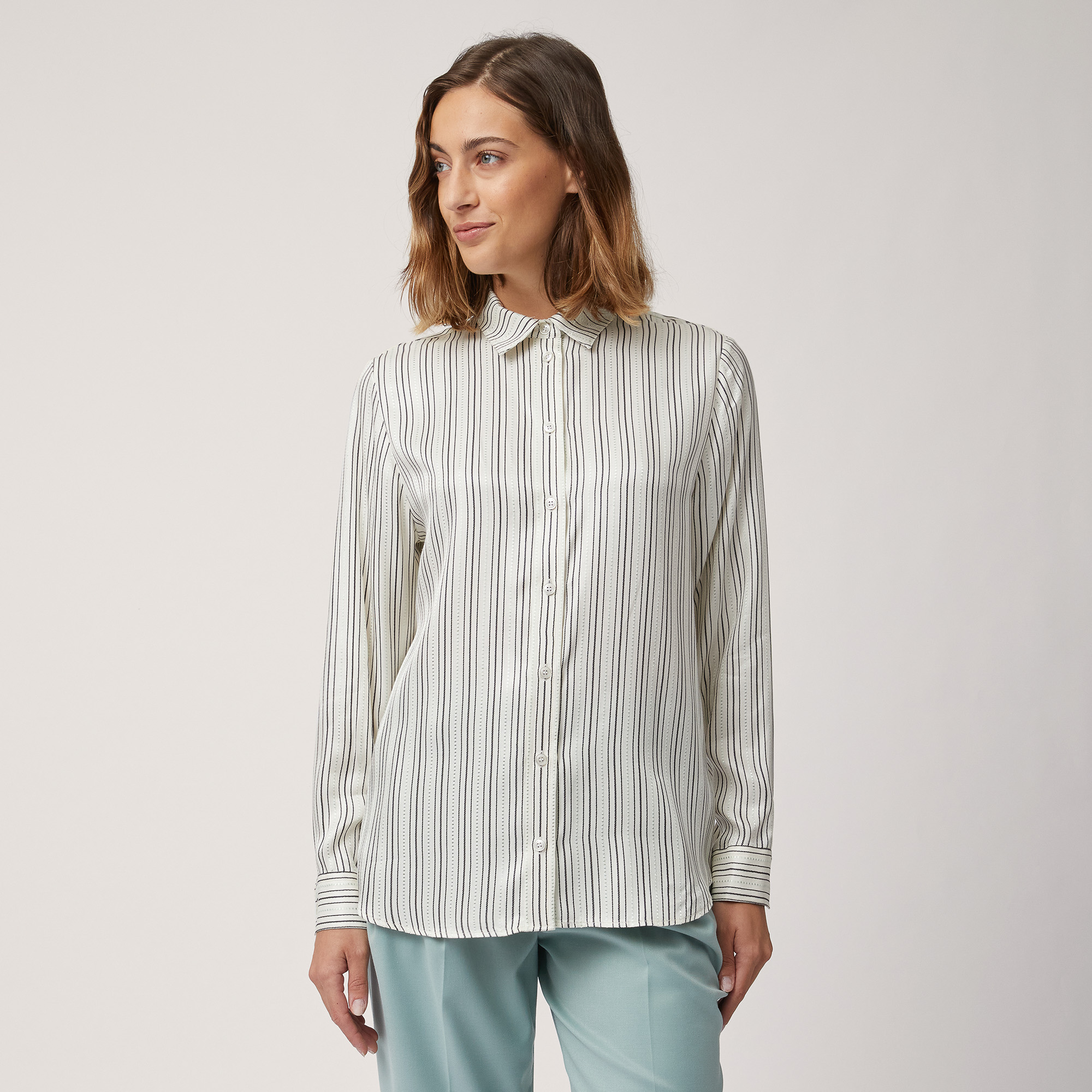 Striped Flowing Shirt, Bianco, large image number 0