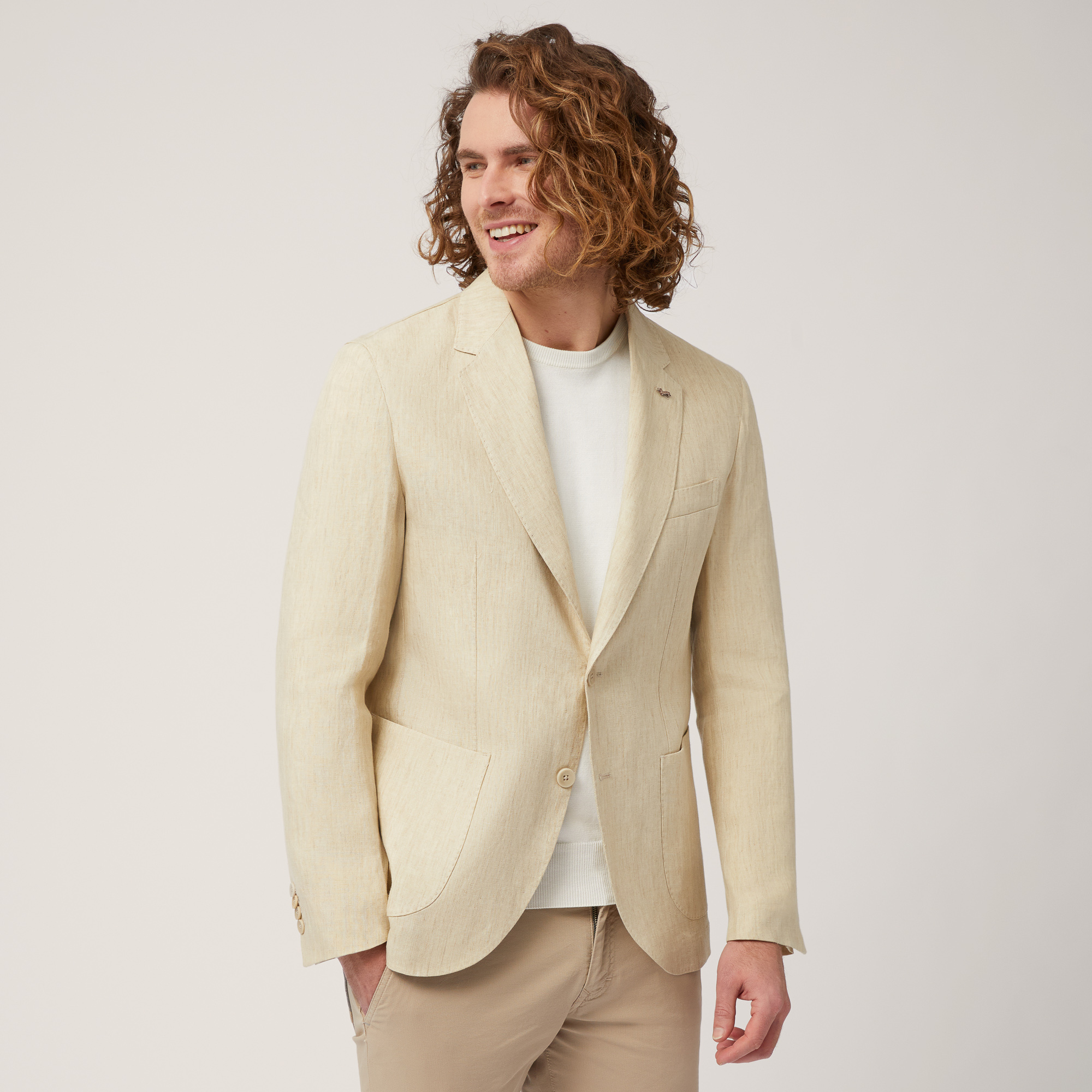 Linen Jacket with Pockets, Beige, large