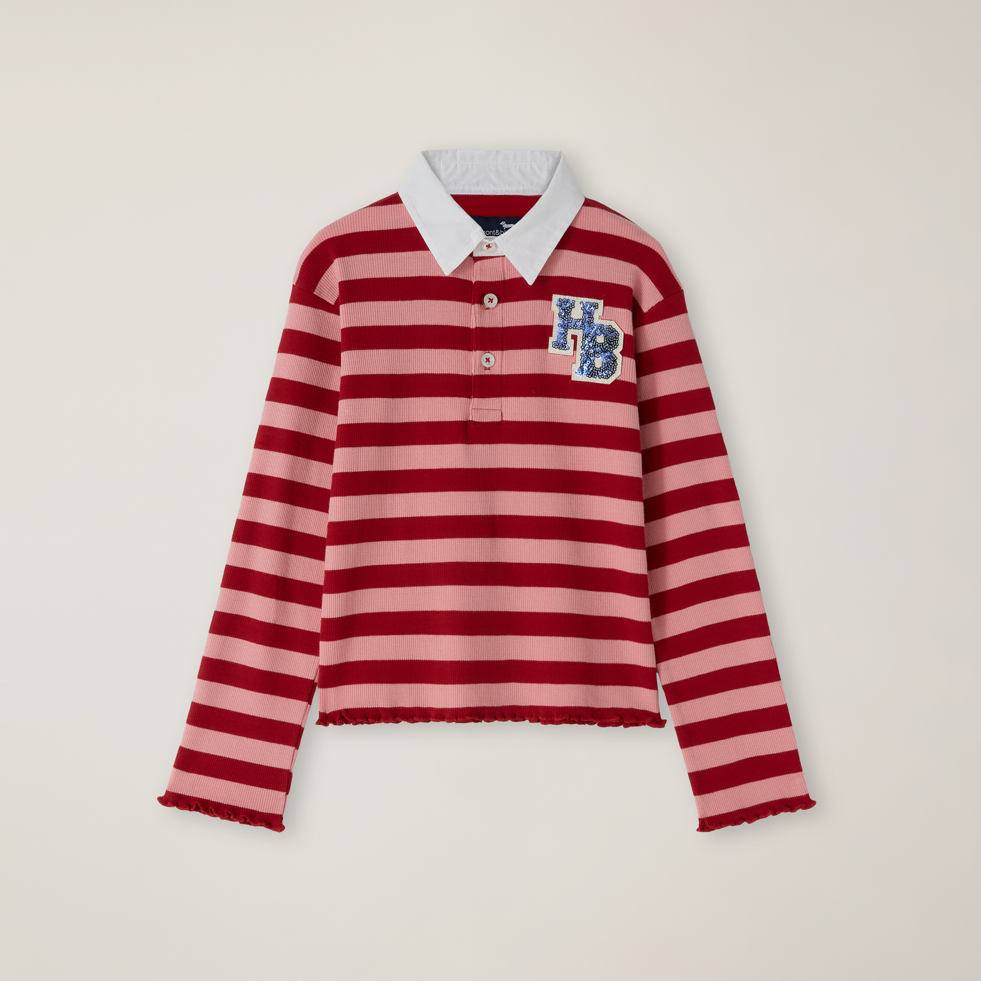 Striped Organic Cotton Polo With Sequin Badge, Cherry, large image number 0