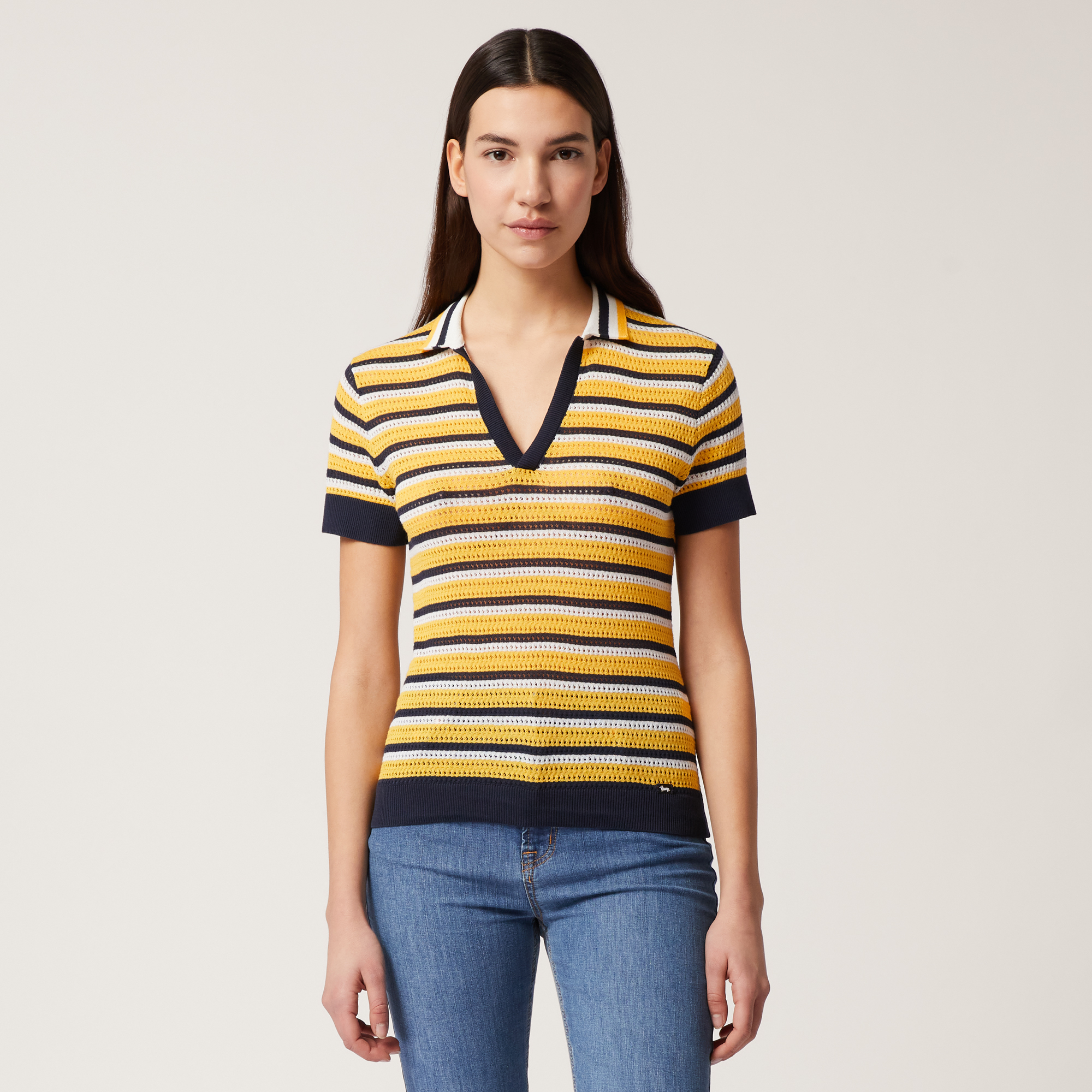 Crochet-Effect Striped Polo