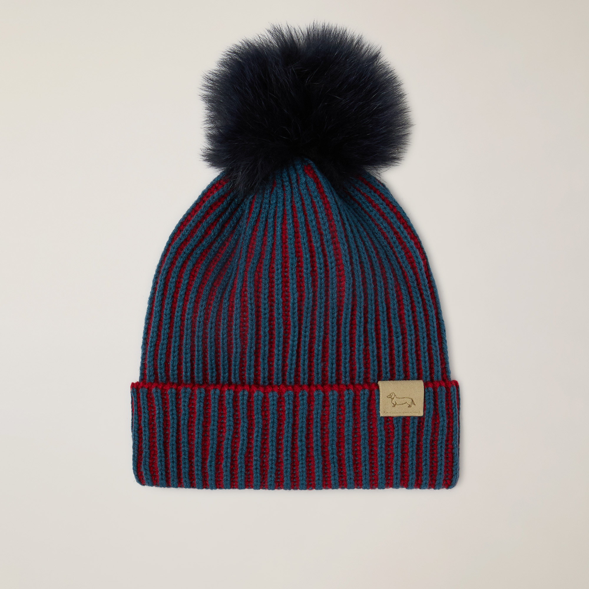 Unisex wool-blend hat with fur pom-pom, Navy blue, large