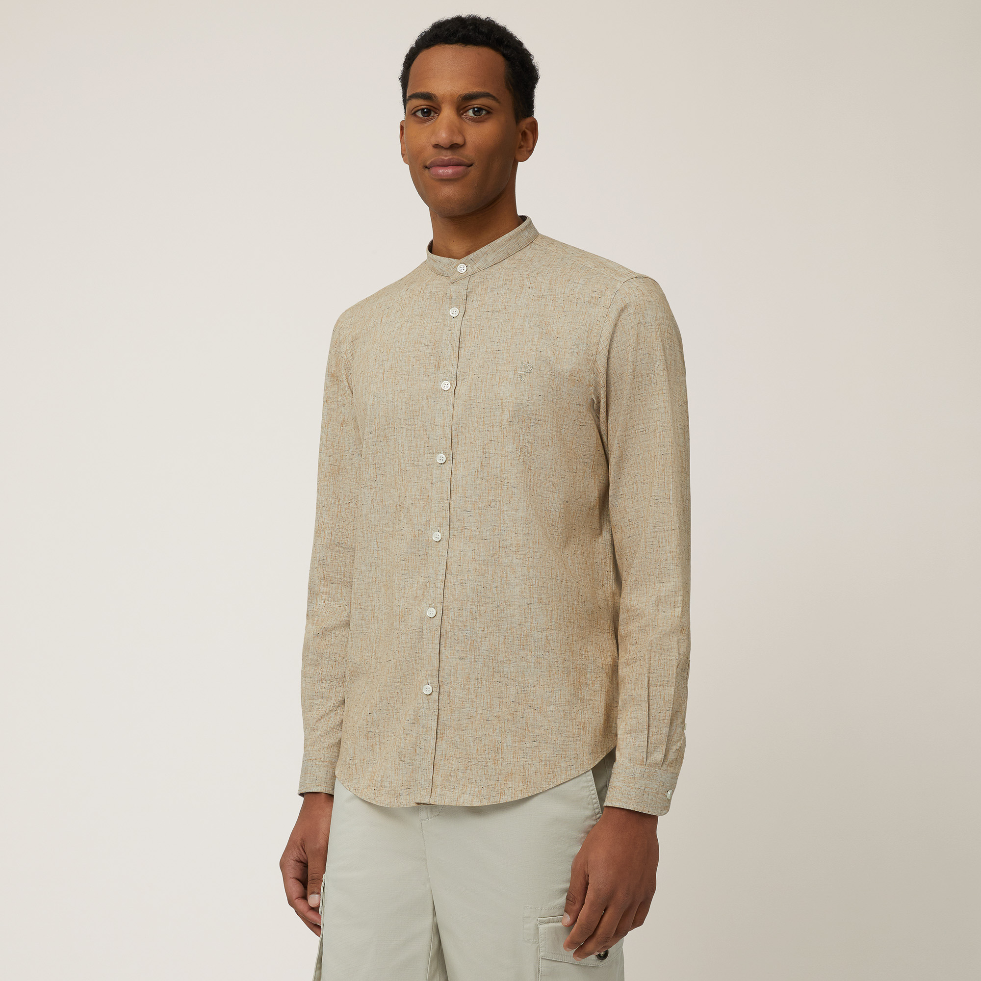 Cotton-Blend Mandarin-Collar Shirt, Sand, large image number 0