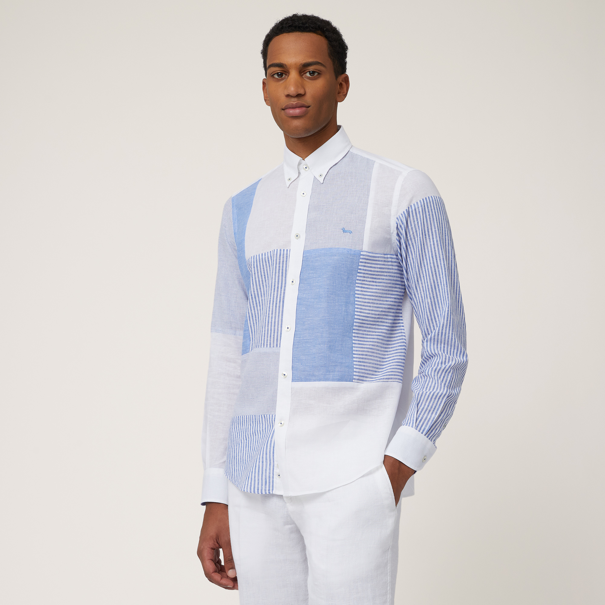 Linen Blend Patchwork Shirt, Light Blue, large image number 0