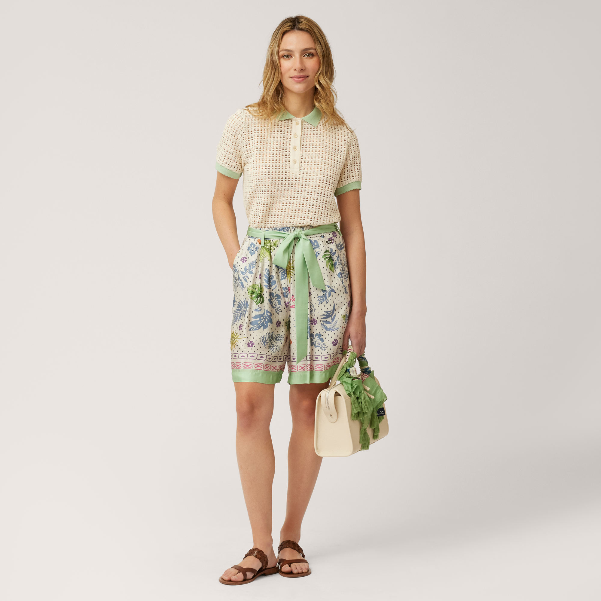 Bermuda Shorts with Flower and Leaf Print, Light Green, large image number 3