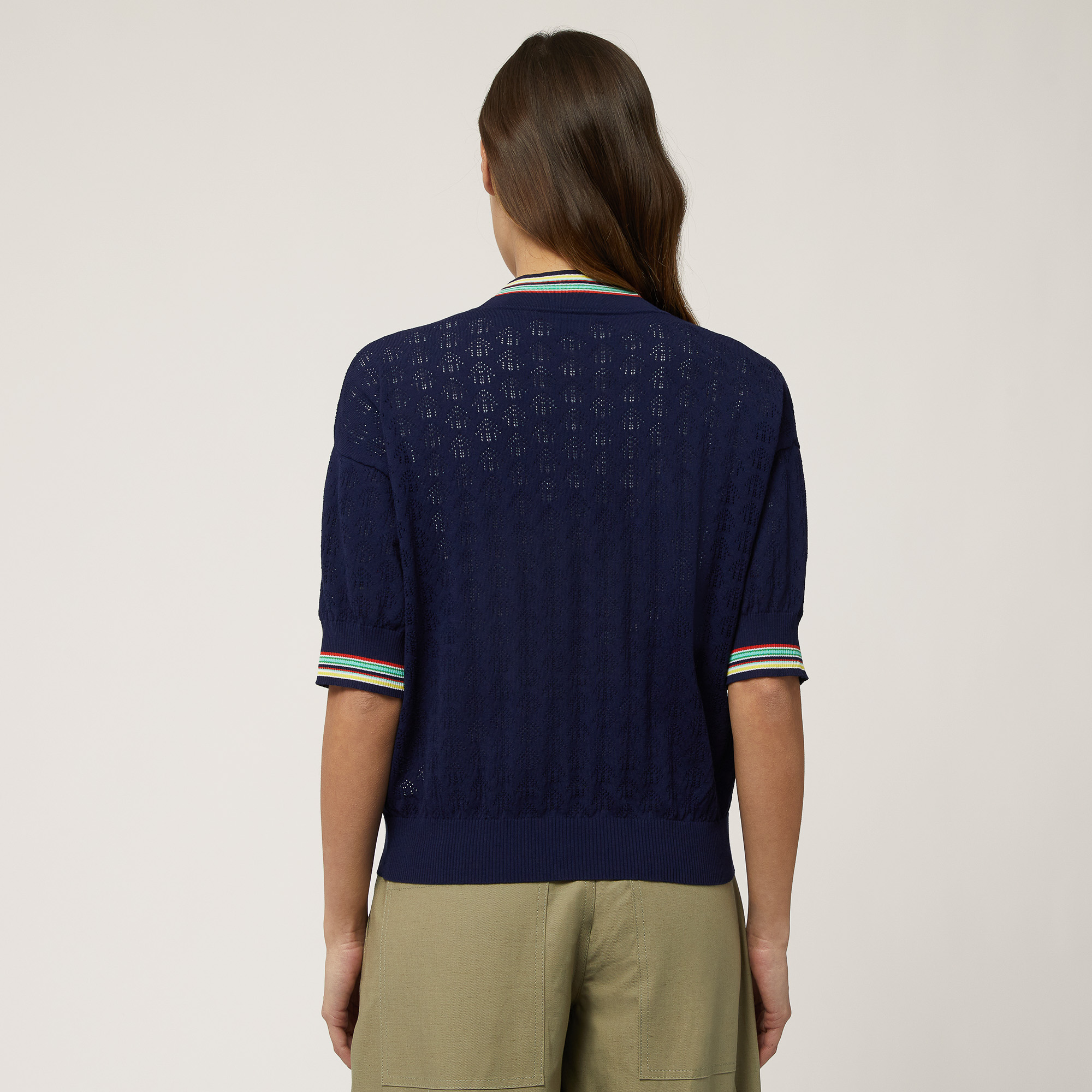 Striped Openwork Cardigan, Navy Blue, large image number 1