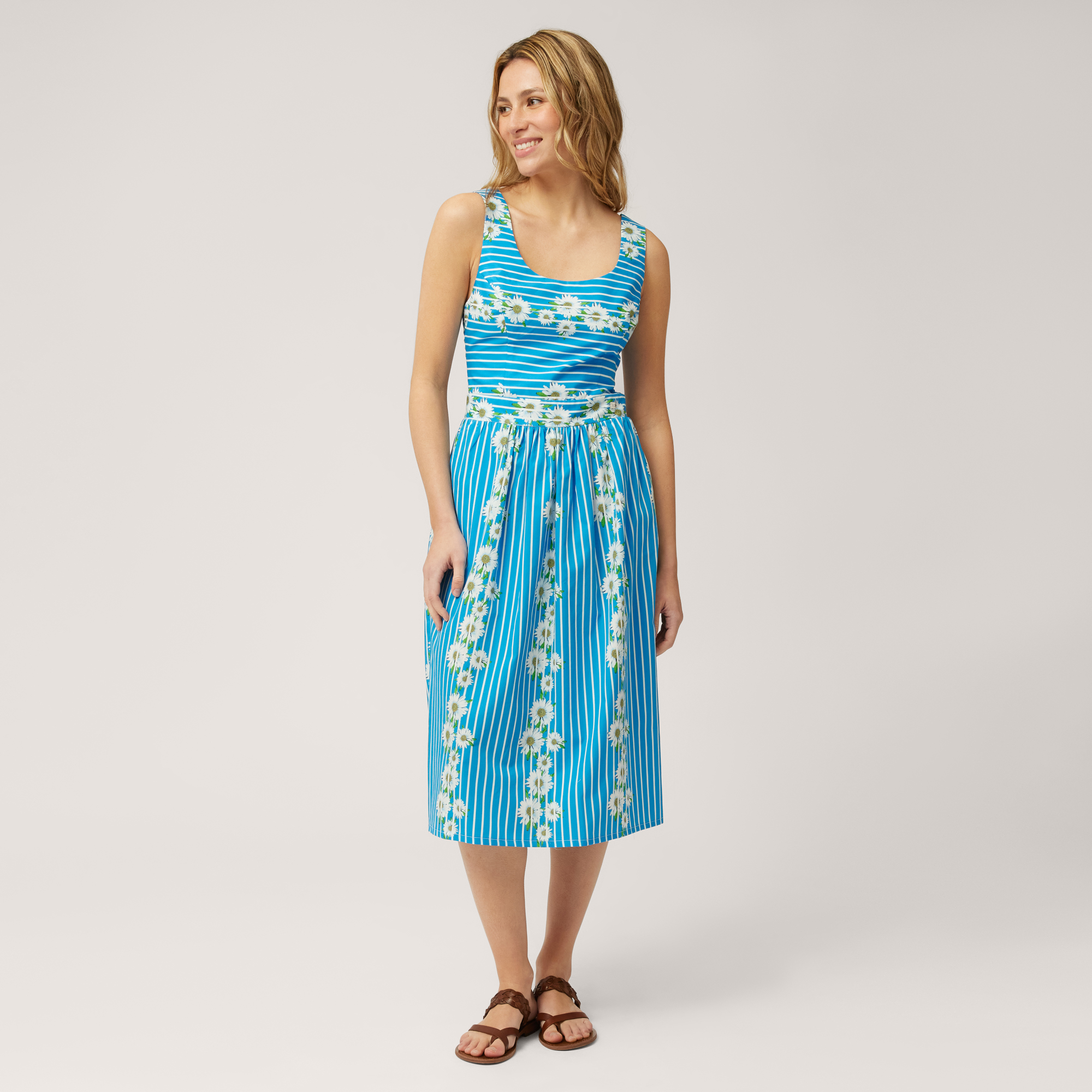 Midi Dress with Stripes and Daisies, Light Blue, large image number 0