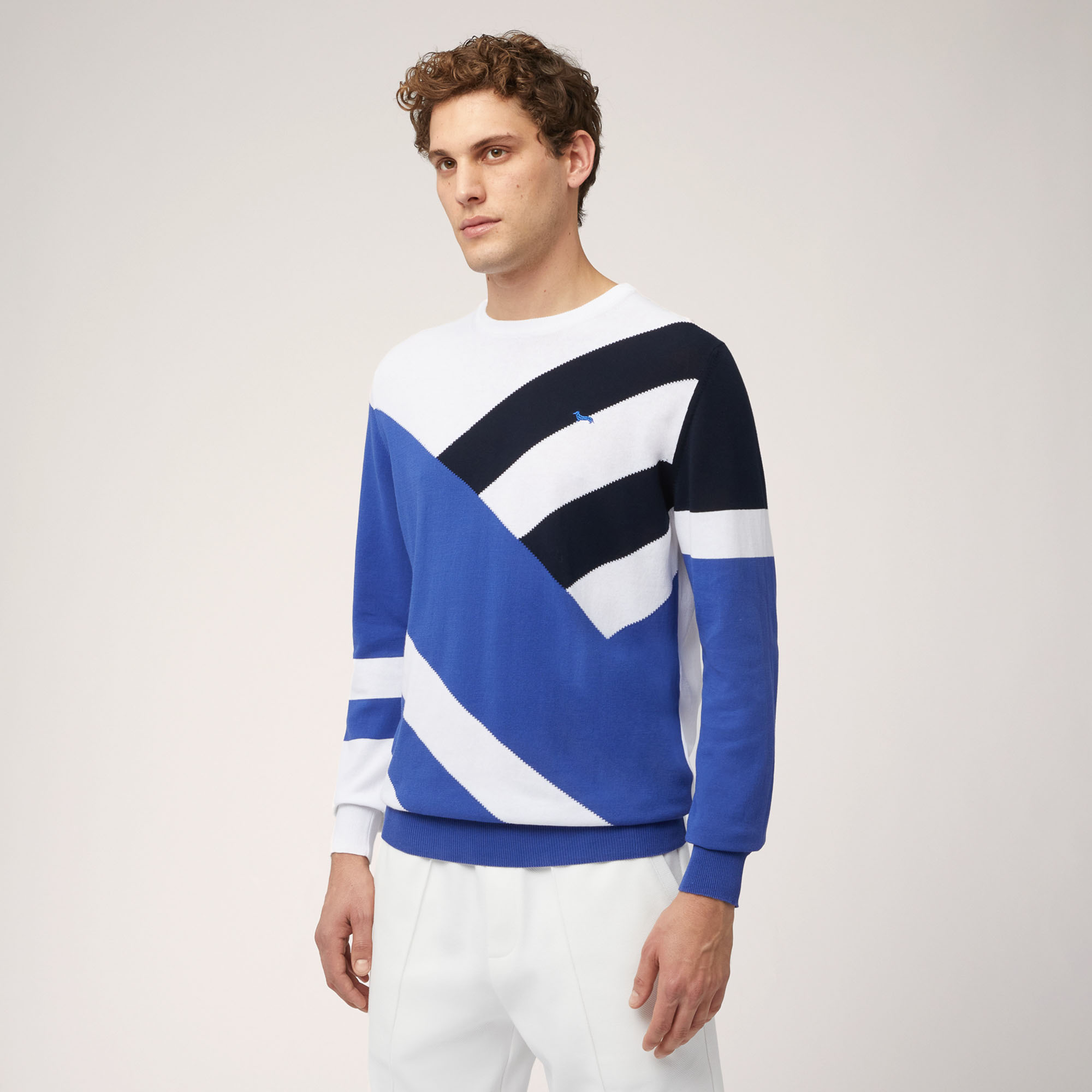 Cotton Crepe Crew Neck Pullover with Transverse Stripes