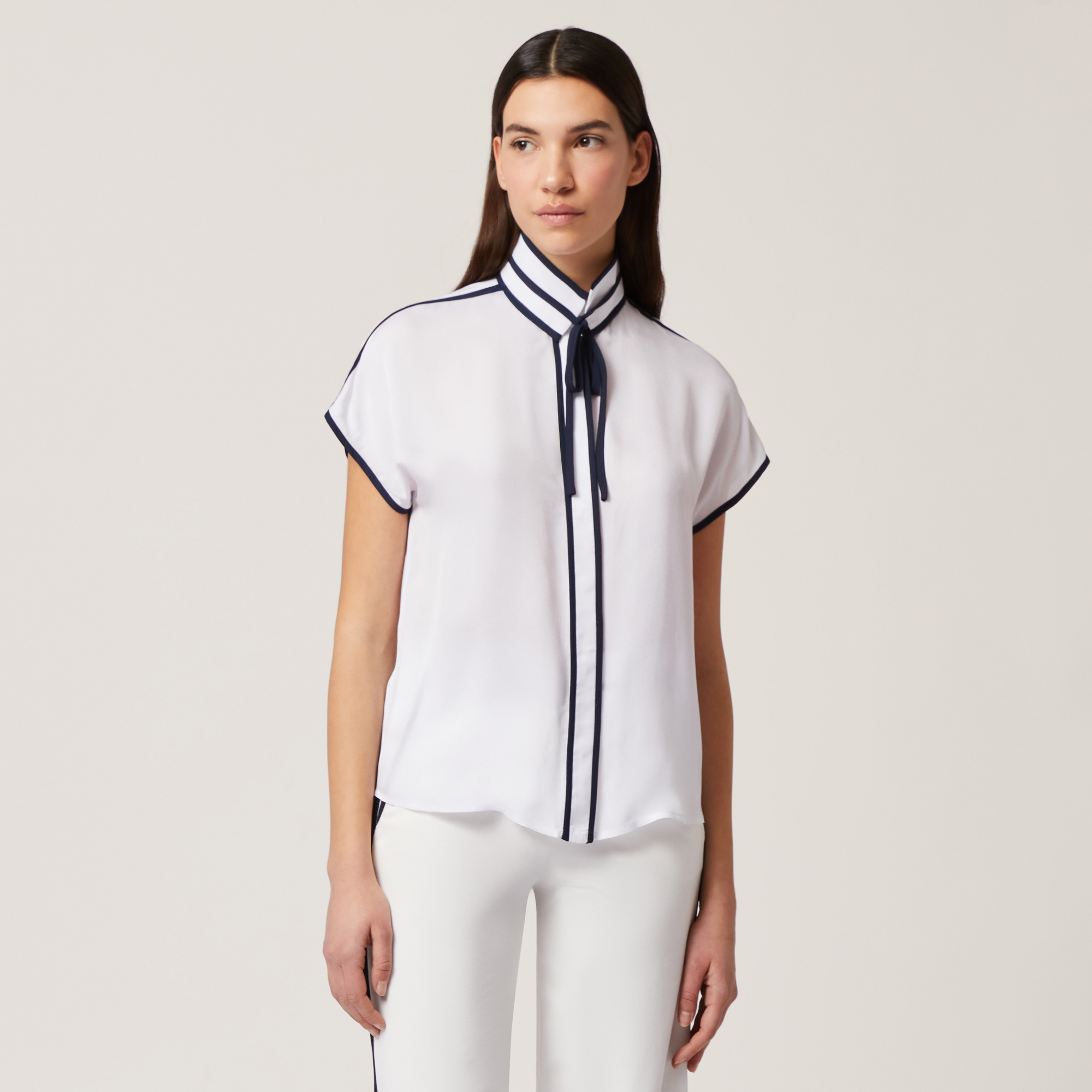 Blouse with Contrasting Trims, White, large image number 0