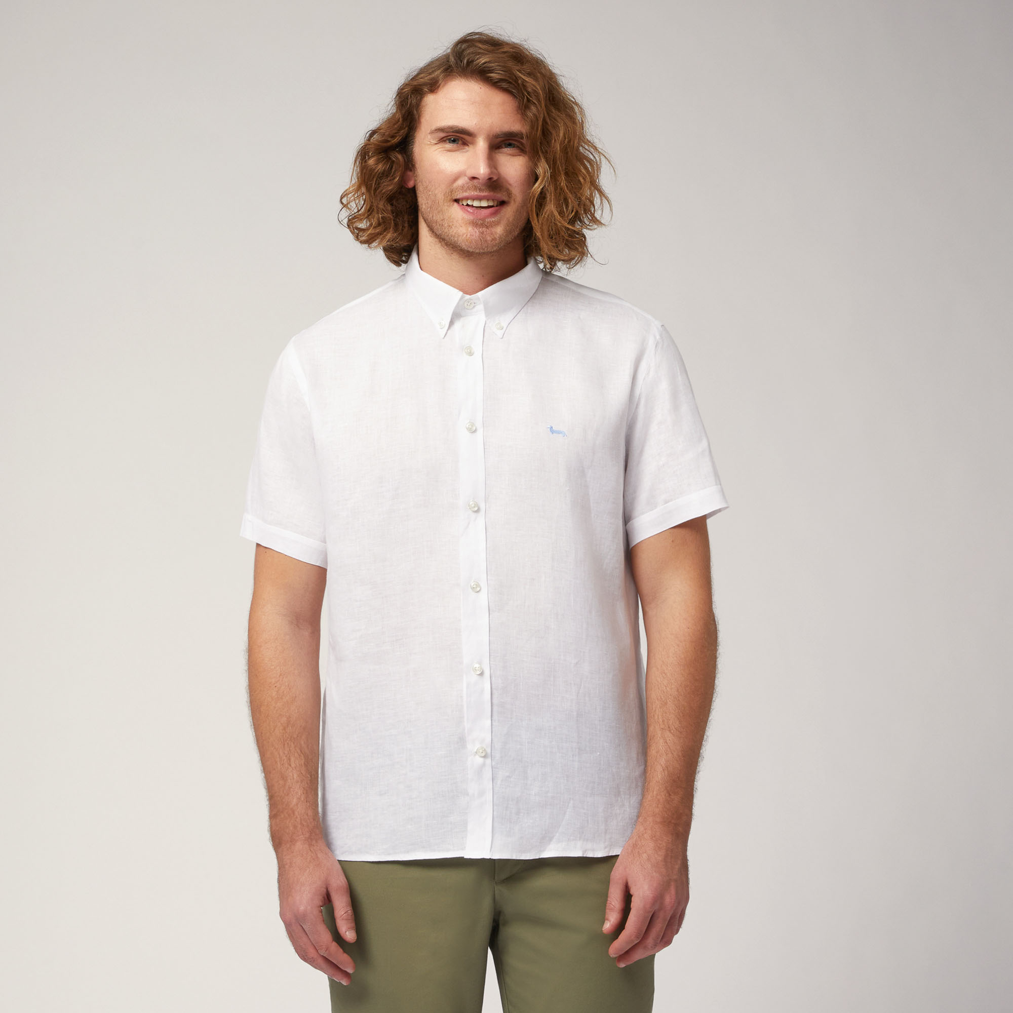 Linen Short-Sleeved Shirt, White, large