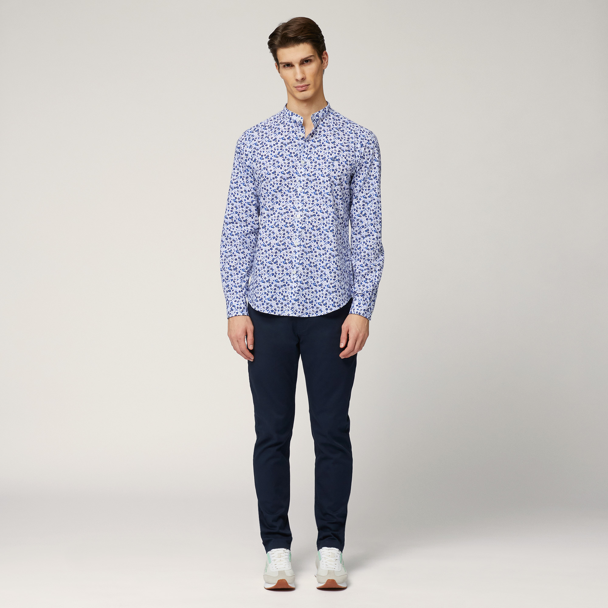 Mandarin-Collar Shirt with Flowers, Dark Blue, large image number 3