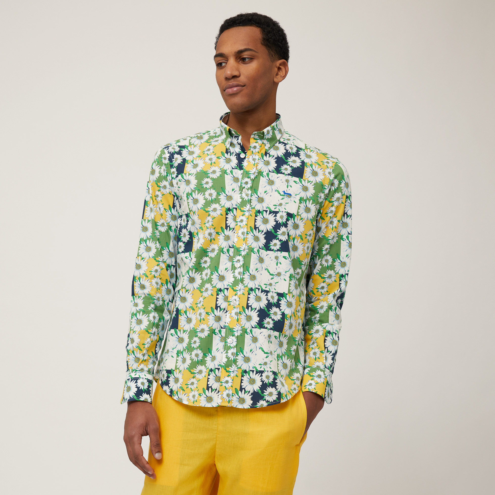 Checkered and Daisy-Print Shirt, Canary Yellow, large image number 0