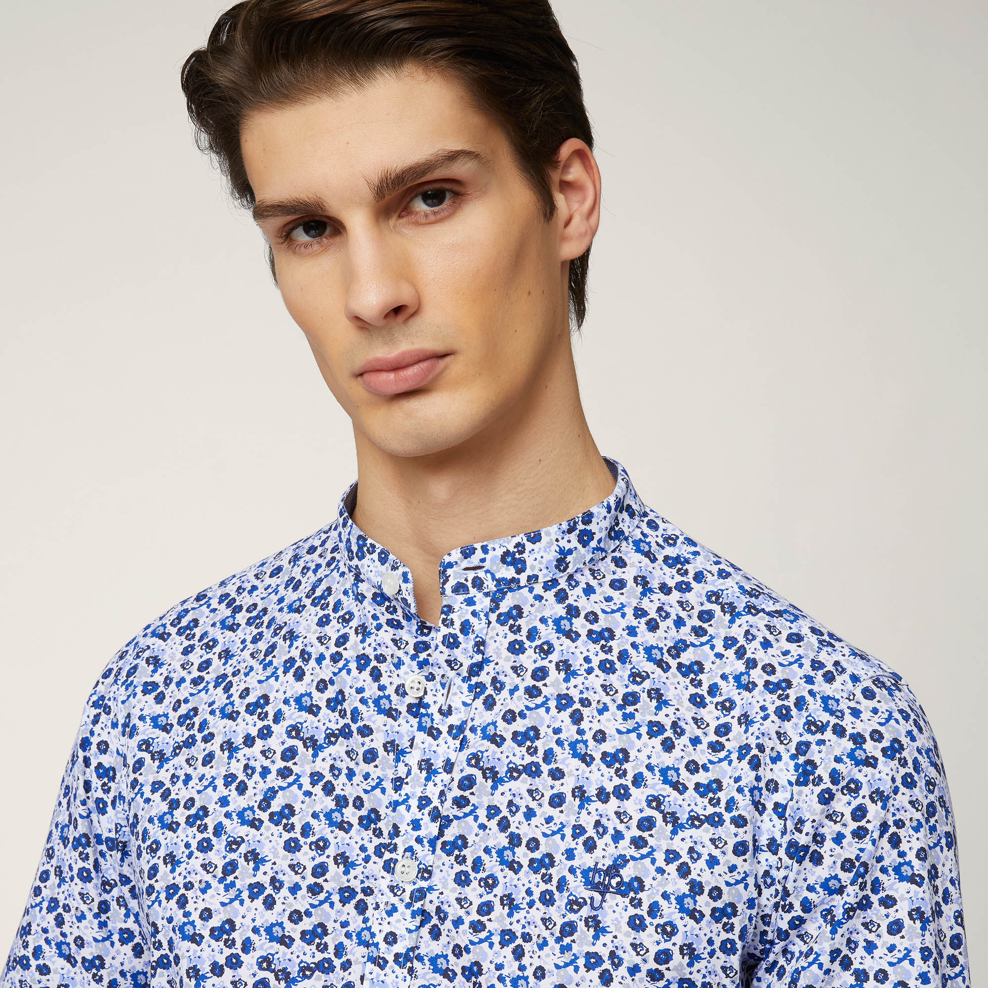 Mandarin-Collar Shirt with Flowers, Dark Blue, large image number 2