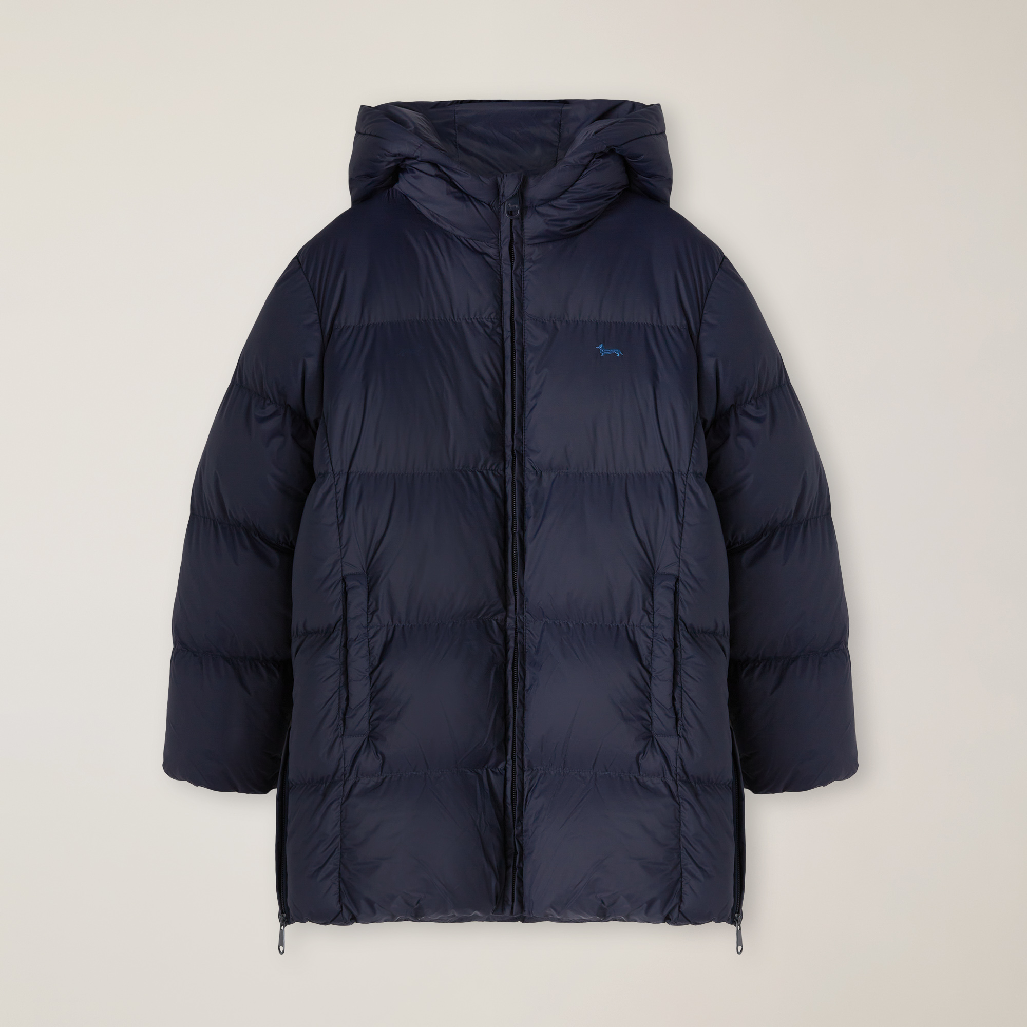 Long Hooded Jacket In Matte-Effect Nylon, Navy Blue, large image number 0