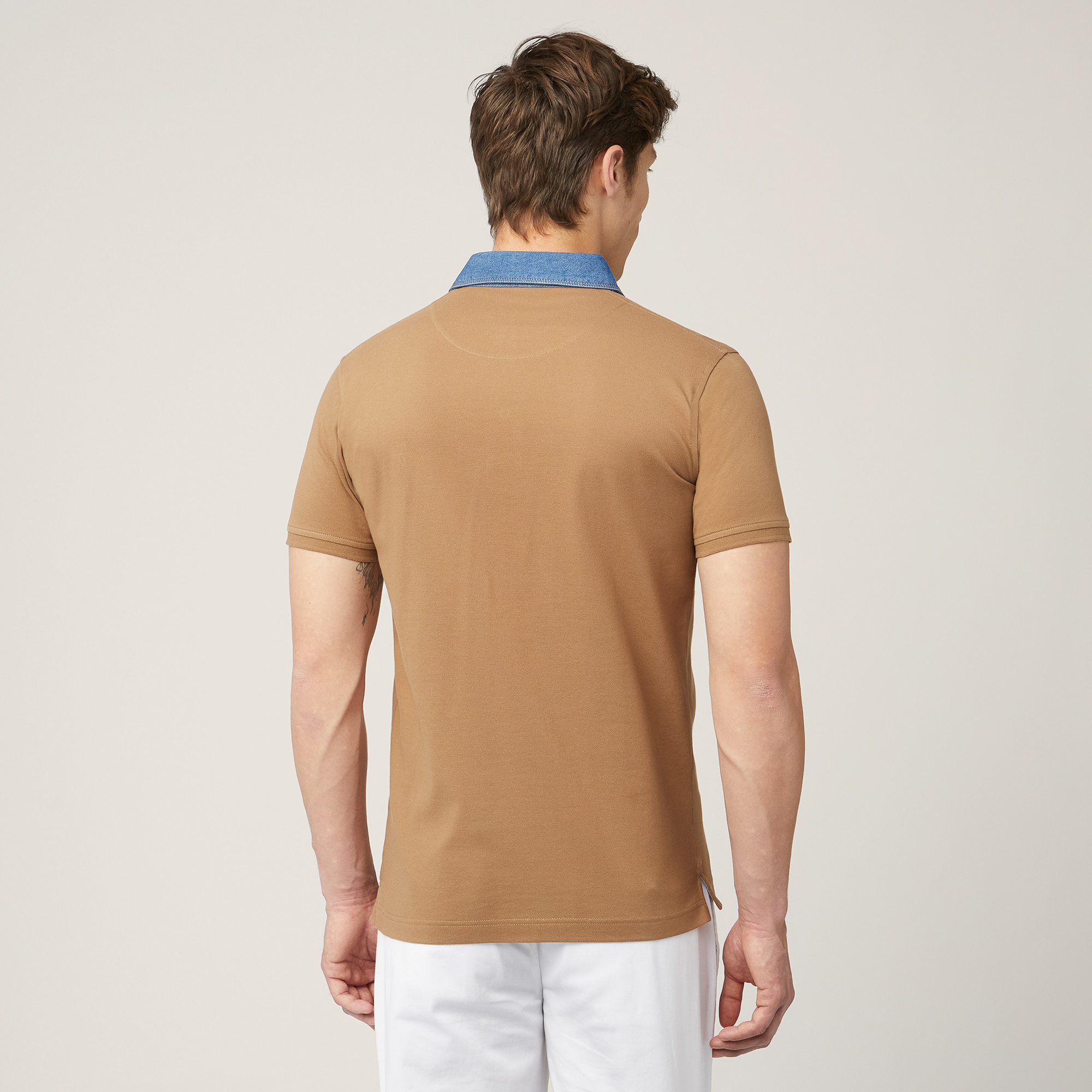 Polo-Shirt with Denim Collar, Light Brown, large image number 1