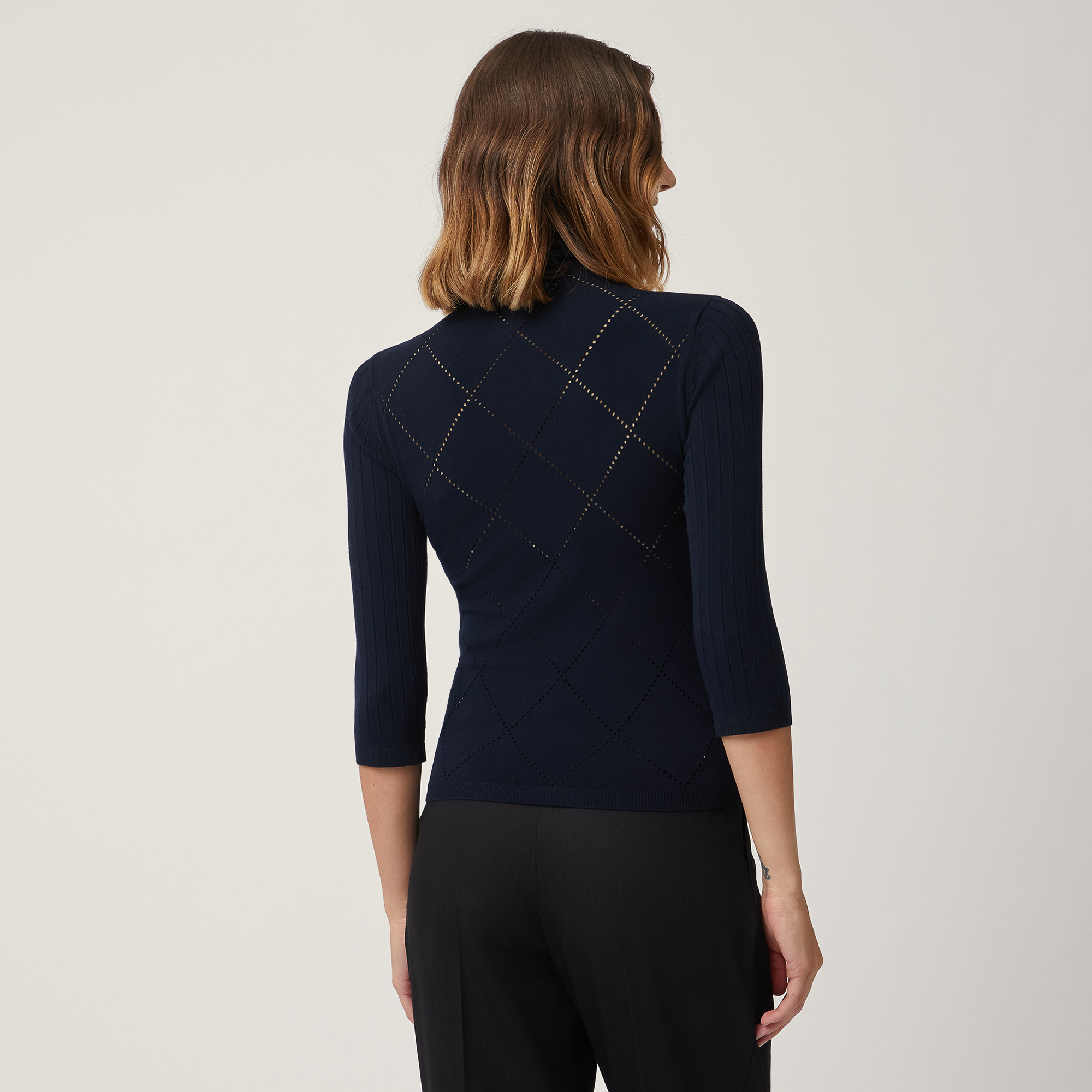 Turtleneck with Openwork Diamonds, Blu, large image number 1