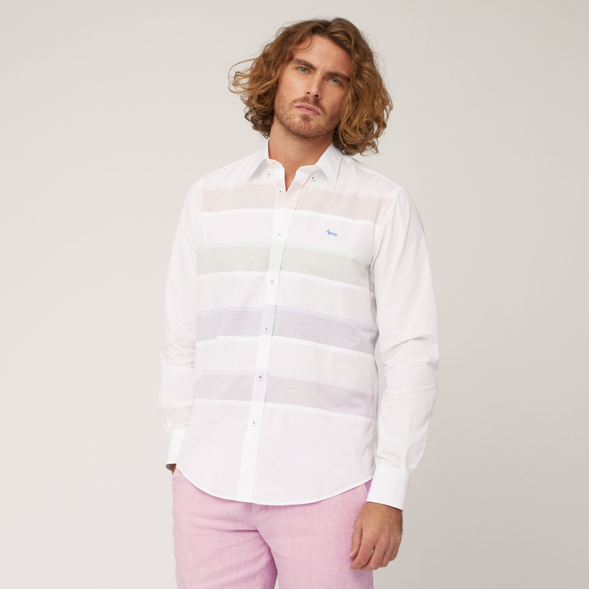 Cotton Shirt with Striped Bands