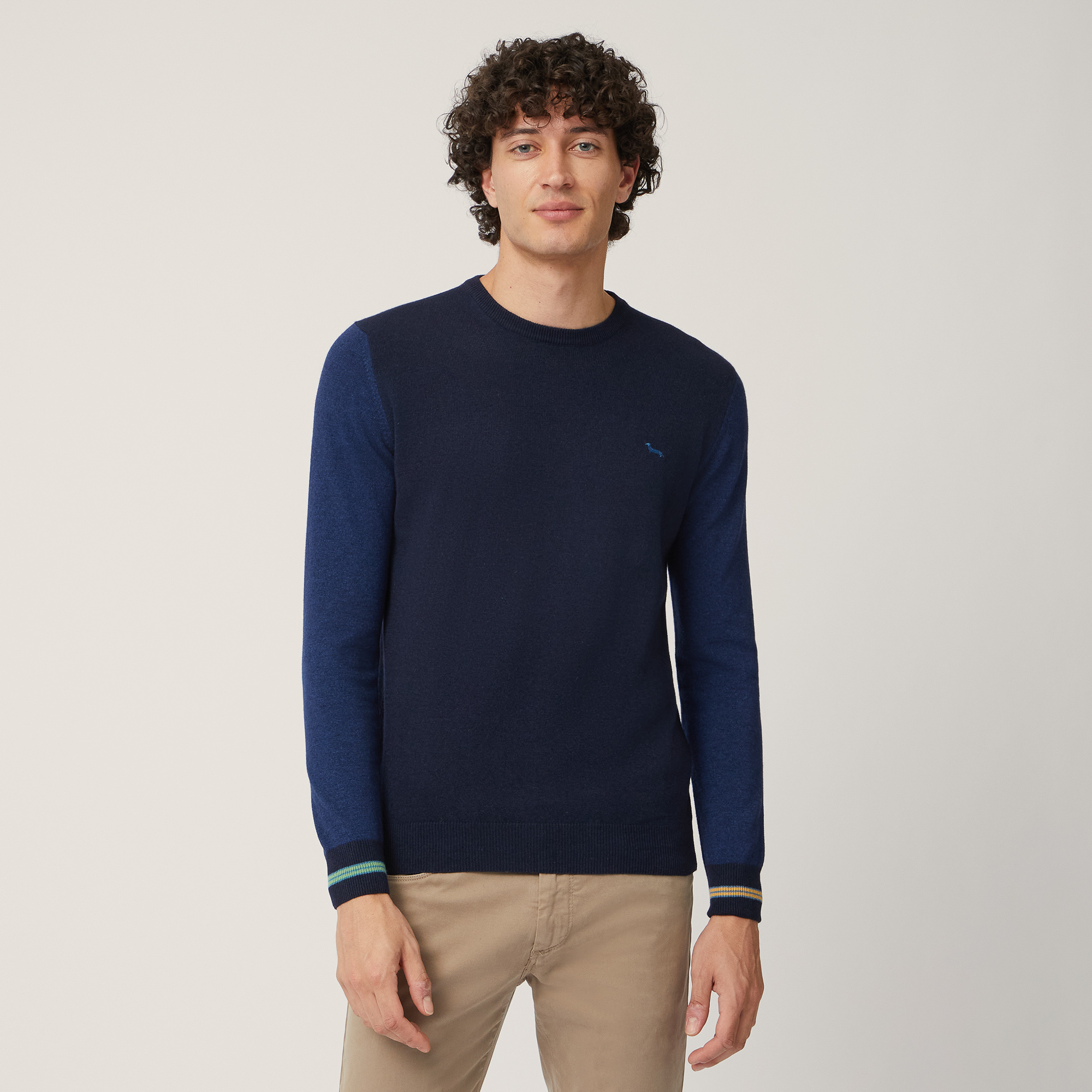 Pullover Con Polsi Rigati, Blu, large