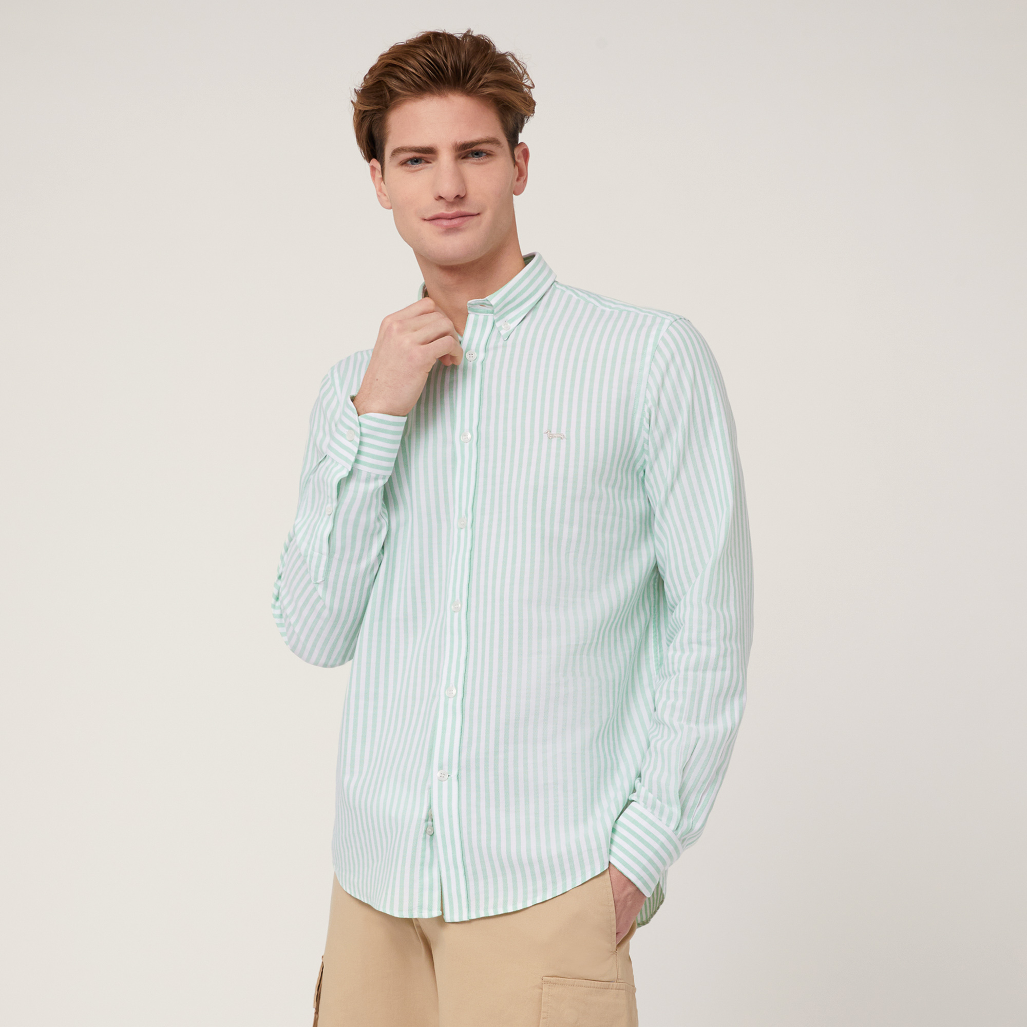 Striped Woven Cotton Shirt, Herb, large