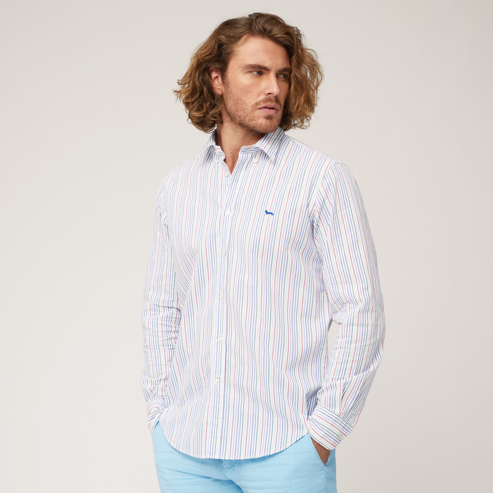 Multicolored Seersucker Stripe Cotton Shirt, White, large image number 0