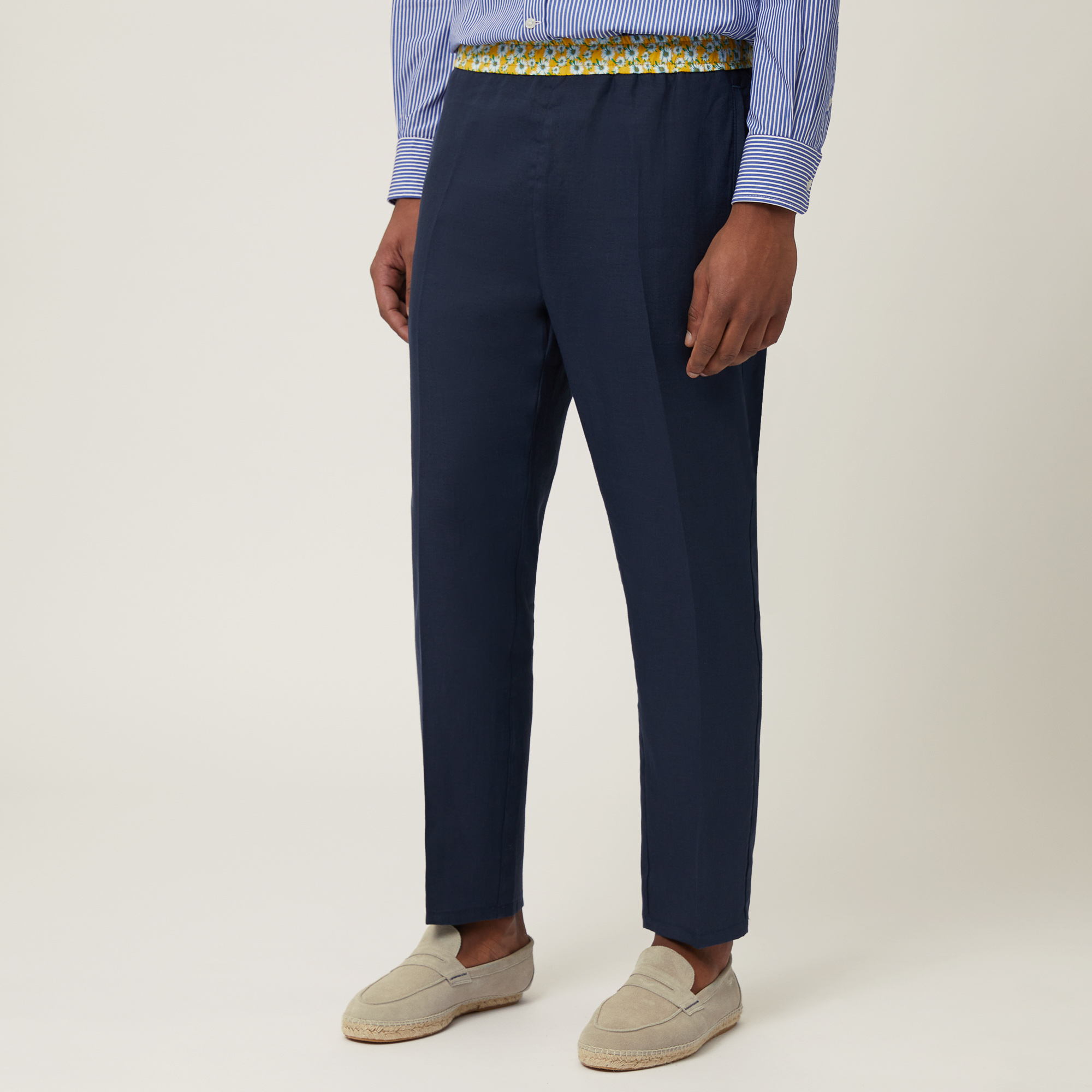 Linen Pants with Daisies, Navy Blue, large image number 0