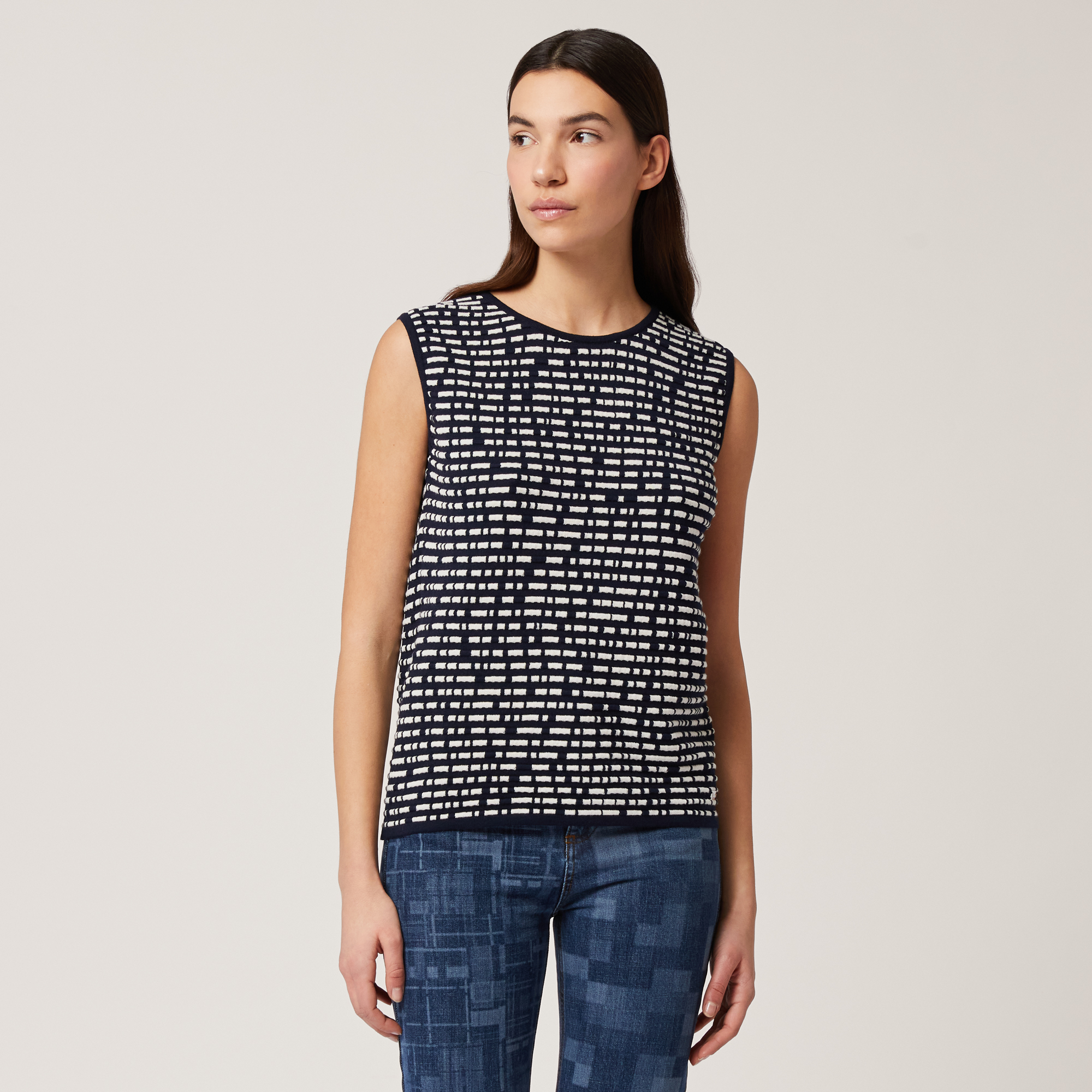 Two-Tone Cotton-Blend Top, Navy Blue, large image number 0